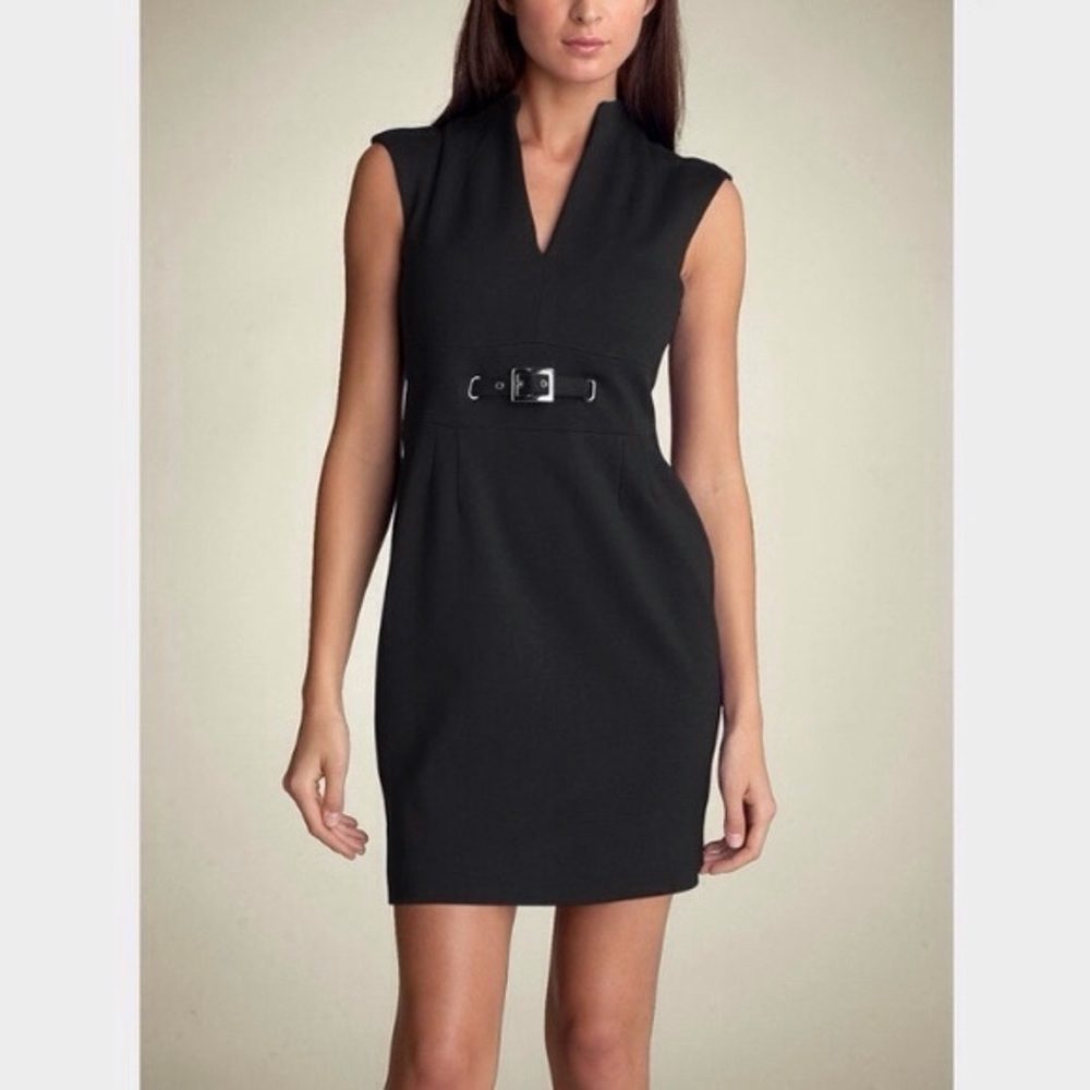 Trina Turk Black Astra Ponte Lined Sheath Dress Belted Sleeveless